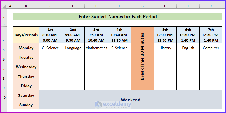 Entering Subject Names for Each Period as An Easy Step to Make a School Time Table in Excel