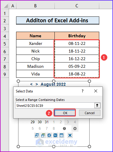 Selecting Cell Range for Displaying on Calendar Add-in for Adding Excel Add-ins as An Easy Method to Make an Alternative to Datepicker in Excel