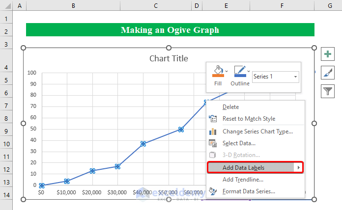 Modifying Axis and Data Labels to make an Ogive Graph in Excel