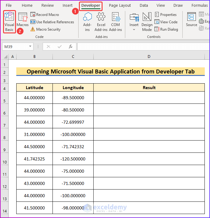 Abrir la aplicación Microsoft Visual Basic desde la pestaña Desarrollador como un paso sencillo para realizar la geocodificación inversa en Excel