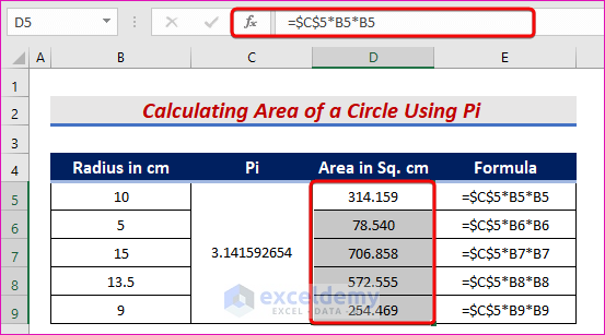 Cálculo del área de un círculo usando Pi en Excel