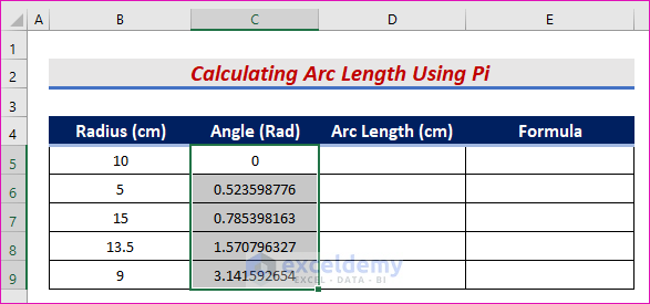 Cálculo de la longitud del arco usando Pi en Excel