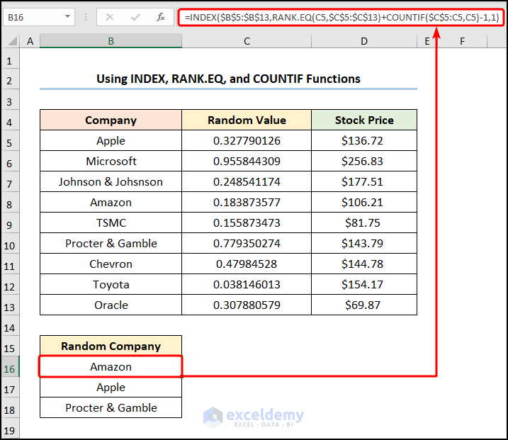 how to randomize a list in excel without duplicates with INDEX, RANK.EQ, and COUNTIF Functions 