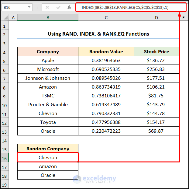 how to randomize a list in excel without duplicates with RAND, INDEX, and RANK.EQ Functions