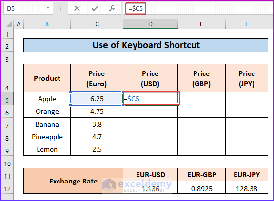 Anchoring only Column Using Keyboard Shortcut as An Easy Method to Remove Anchor in Excel