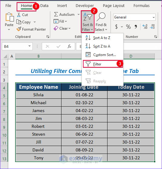 Utilizing Filter Command From Home Tab to Remove Highlighted Rows in Excel