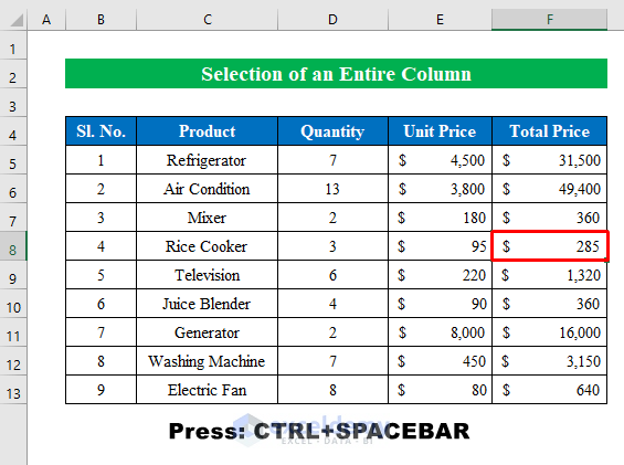 How to Select an Entire Column