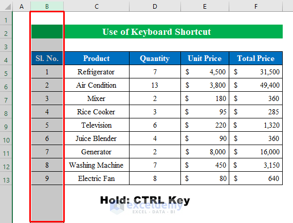Keyboard Shortcut to Select Specific Columns