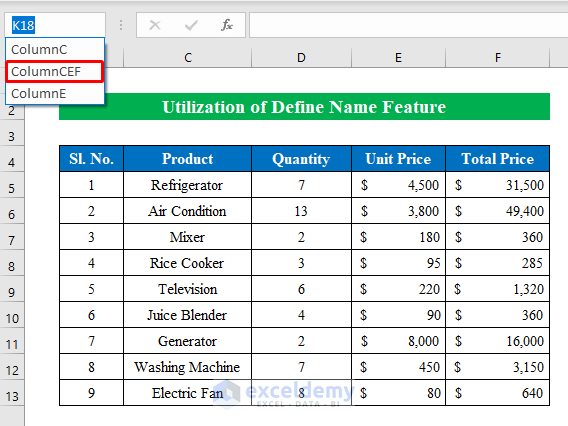 Utilize Define Name Feature to Select Specific Columns
