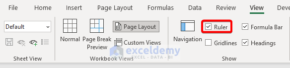 Showing ruler in Excel from the View tab