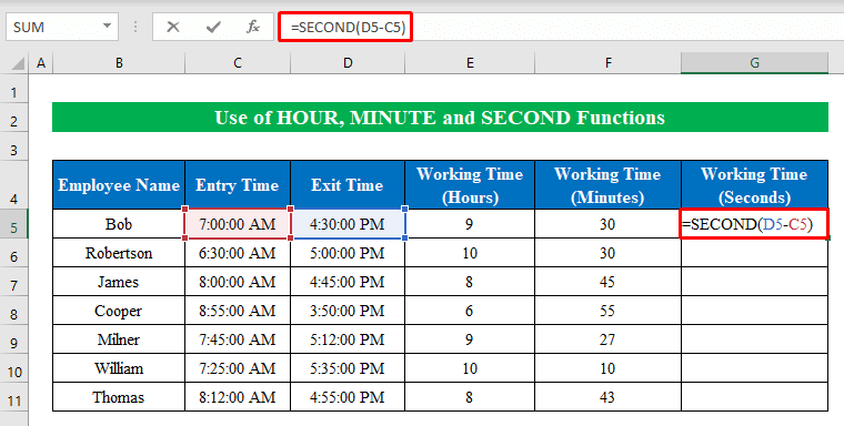 Use HOUR, MINUTE, and SECOND Functions to Subtract Time and Convert to Number in Excel