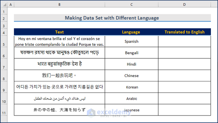 Making Data Set with Different Languages to Use Google Translate Formula in Excel