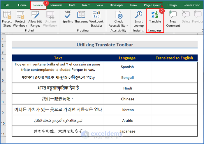 Utilizing Translate Toolbar to Use Google Translate Formula in Excel