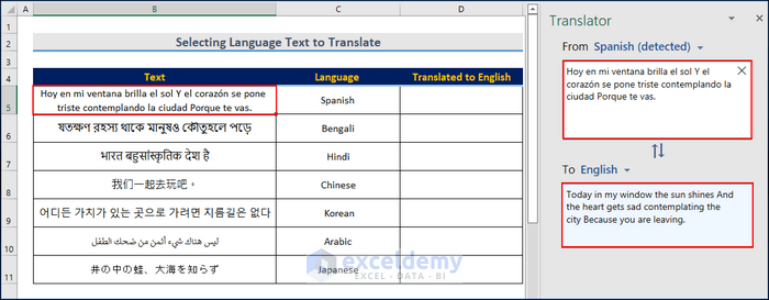 Selecting Language Text to Use Google Translate Formula in Excel