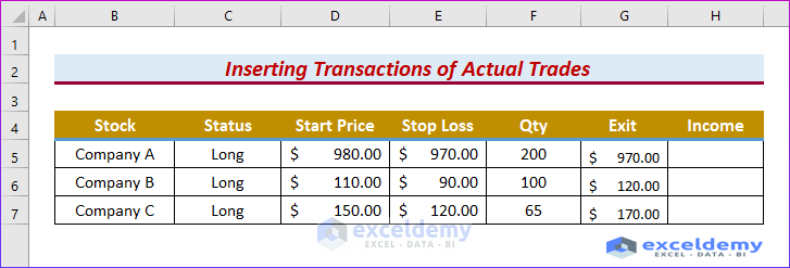 Inserting Transactions of Actual Trades to Use Money in Excel
