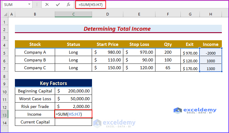 Determining Total Income to Use Money in Excel