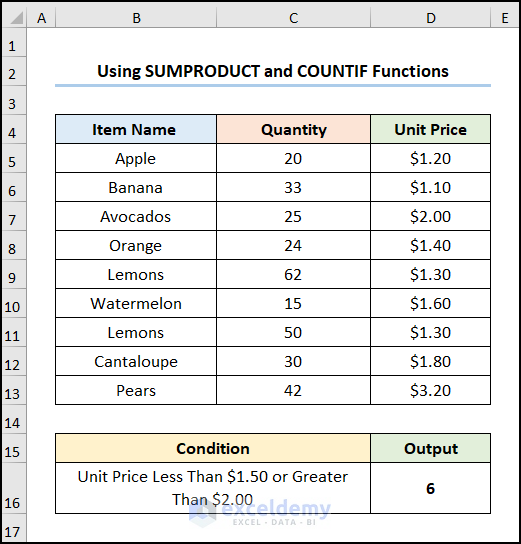 excel nested countif with SUMPRODUCT and COUNTIF Functions
