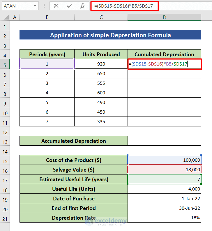 Use simple depreciation formula to calculate accumulated depreciation in Excel