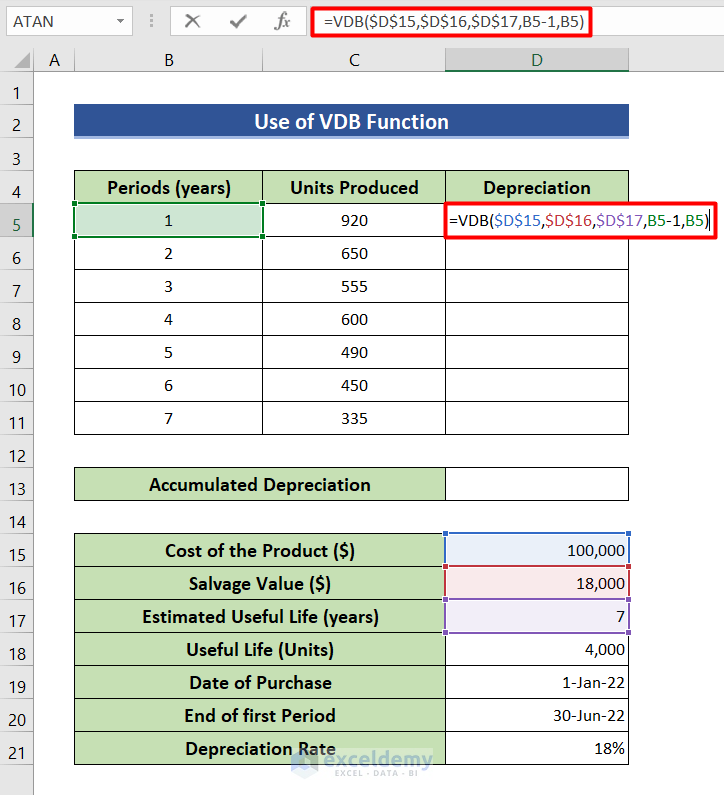 Use VDB function to calculate accumulated depreciation in Excel