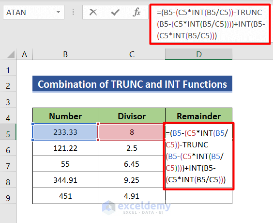 Use TRUNC and INT functions to get remainder in decimal in Excel