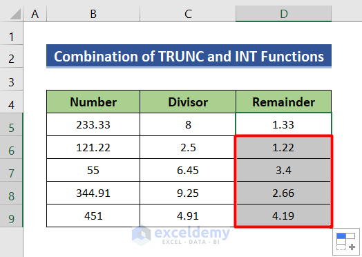 Use TRUNC and INT functions to get remainder in decimal in Excel