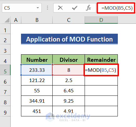 Use MOD function to get remainder in decimal in Excel