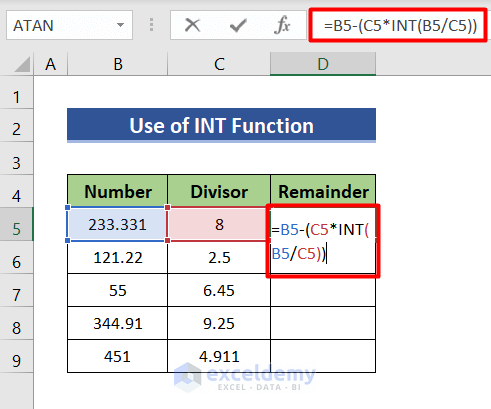 Use INT function to get remainder in decimal in Excel