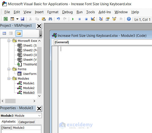 Run a VBA code to increase font size in Excel using keyboard