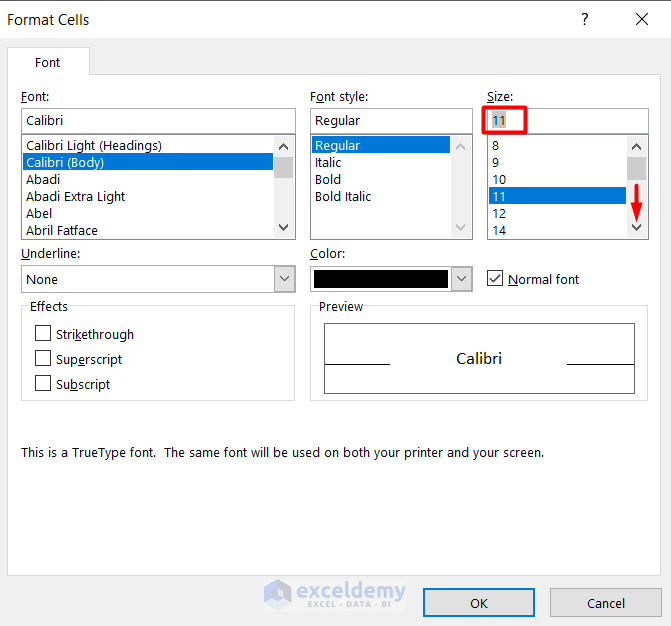 Use format cell feature to increase font size in Excel using keyboard