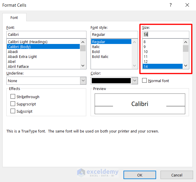 Use format cell feature to increase font size in Excel using keyboard