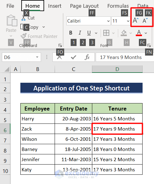 Use one step shortcut to increase font size in Excel using keyboard