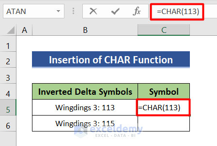 Use CHAR function to insert inverted delta symbol in Excel