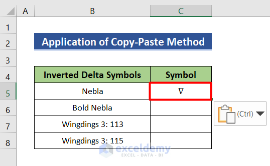 Use copy-paste method to insert inverted delta symbol in Excel