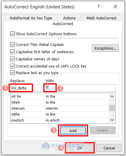 Use AutoCorrect option to insert inverted delta symbol in Excel