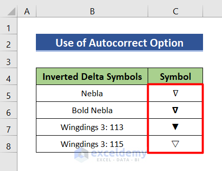 Use AutoCorrect option to insert inverted delta symbol in Excel