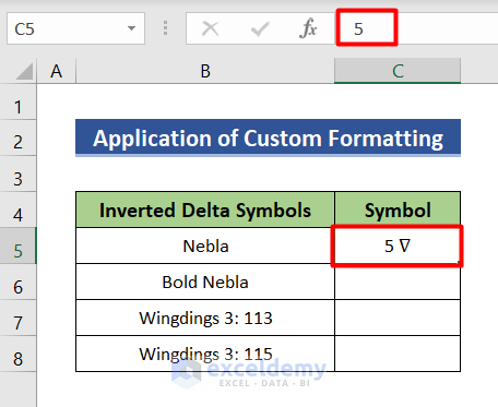 Use custom formatting to insert inverted delta symbol in Excel
