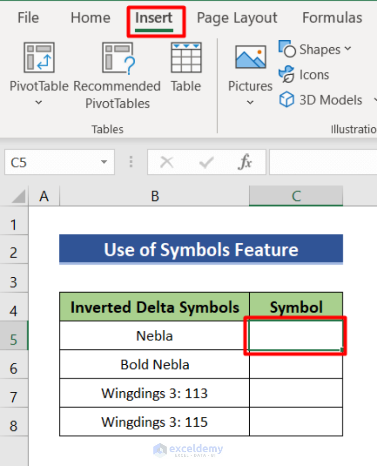 How To Insert Inverted Delta Symbol In Excel 8 Easy Methods 