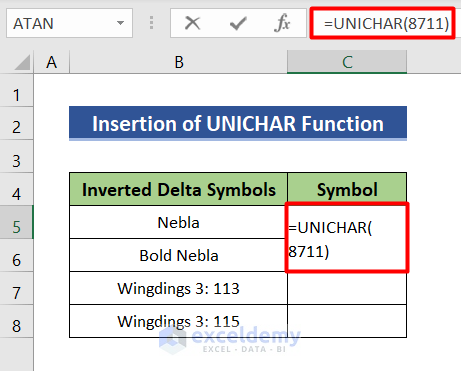 Use symbols feature to insert inverted delta symbol in Excel