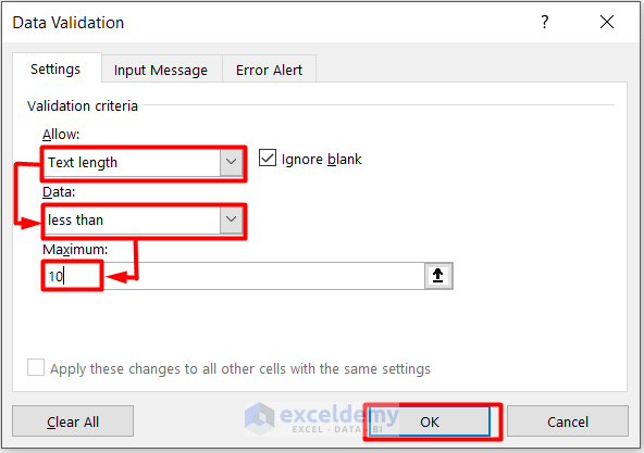 How to set limit to Text Length in Excel