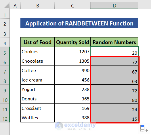 Use RANDBETWEEN function to shuffle numbers in Excel
