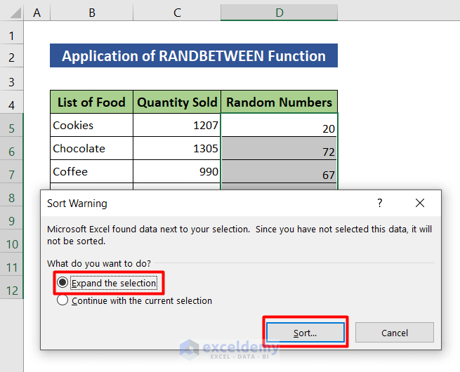 Use RANDBETWEEN function to shuffle numbers in Excel