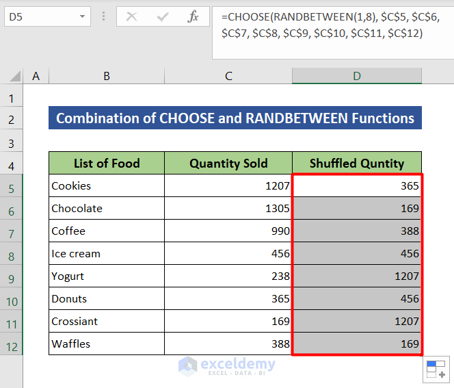 Use RANDBETWEEN and CHOOSE to shuffle numbers in Excel