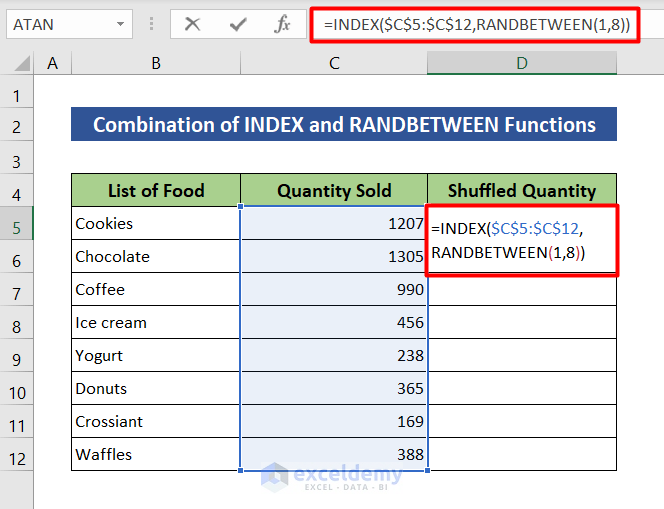 Use RANDBETWEEN and INDEX to shuffle numbers in Excel