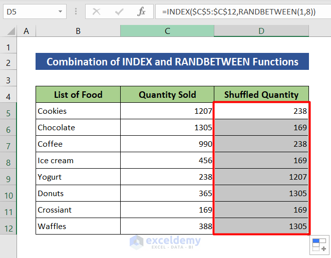Use RANDBETWEEN and INDEX to shuffle numbers in Excel