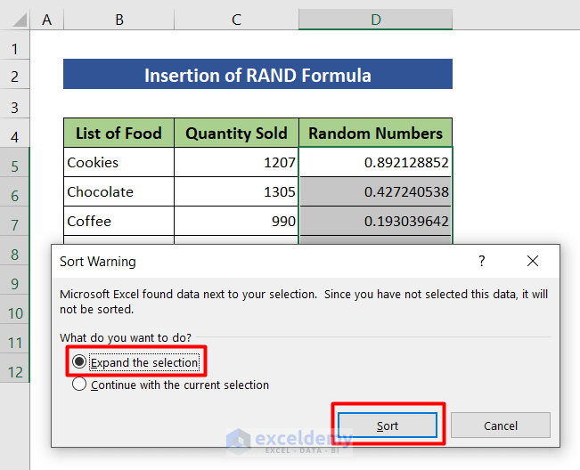 Use RAND formula to shuffle numbers in Excel