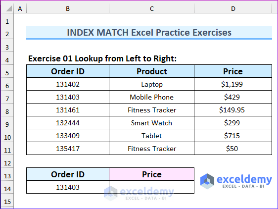 Problem Overview of INDEX MATCH Excel Practice Exercises