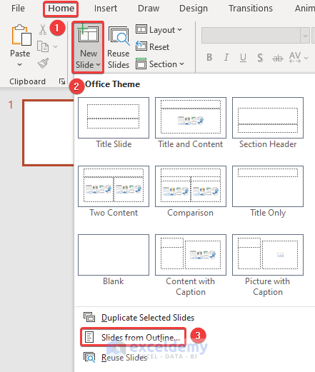 Access the Slides from Outline Option to Mail Merge from Excel to PowerPoint