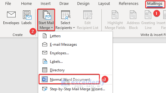 Start Mail Merge from Excel to Word