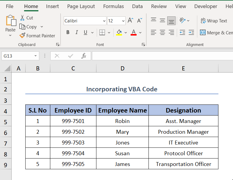 Output After Using VBA