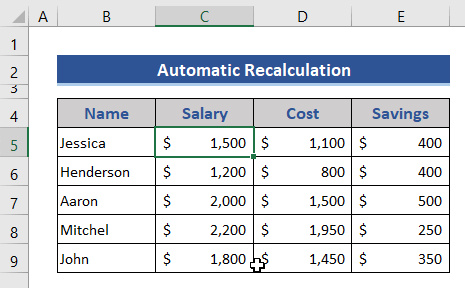 Recalculate automatically in Excel